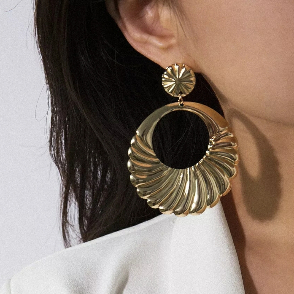 Gold Textured Circle Dangle Earrings Bold Look